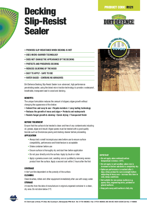 Dirt Defence R121 Decking Slip Resist from Chemicals Ltd - Home of the original Paint Stripper 